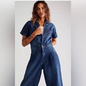 Free People We the Free Marla Trouser Denim Jumpsuit Size S